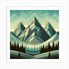 "Retro Alpine Tapestry"   This artwork weaves a complex pattern of mountains and skies, reminiscent of vintage textiles. The layers of geometric shapes and dotted textures create a rich, tactile experience, while the cool teal and warm beige palette evoke a nostalgic feel. It's a sophisticated blend of old-world charm and modern design, ideal for adding a touch of elegance and history to any setting. Art Print