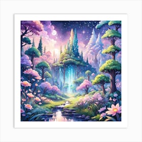 A Fantasy Forest With Twinkling Stars In Pastel Tone Square Composition 271 Art Print