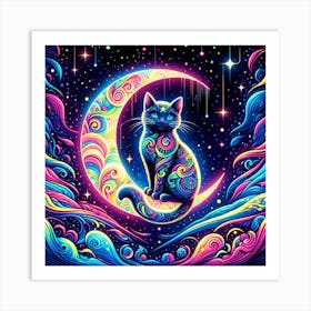 Psychedelic Cat On The Moon Art Print