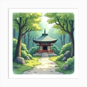 A Peaceful Shrine Nestled In The Forest, Painted In Soft Watercolor Shades 1 Art Print