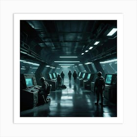 Command center in a futuristic facility with personnel monitoring screens and equipment at night Art Print