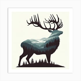 Title: "Majestic Wilderness: Silhouette of the Forest Stag"  Description: "Majestic Wilderness" captures the imposing grace of a forest stag silhouetted against a serene landscape. This artful composition melds the noble creature with the tranquil expanse of the wilderness it inhabits, encapsulating the spirit of the forest within its very form. The intricate antlers unfold into a panorama of mountains and trees, inviting the viewer into a layered experience of nature's grandeur. This piece speaks to the heart of outdoor enthusiasts and wildlife admirers alike, offering a symbolic representation of the harmony between wildlife and their natural habitat. It is an ideal choice for those seeking to adorn their space with a piece that resonates with the beauty of untamed landscapes and the noble quietude of the wilderness. Art Print