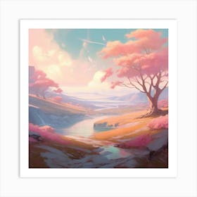 Landscape Soft Pastel Tones With Shades Of Blush Pink Pale Blue And Mint Green Art Print