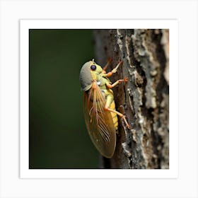 A Delicate Cicada Resting On A Tree Trunk 1 Art Print