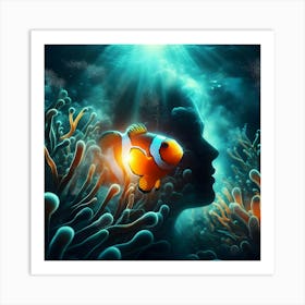 Clownfish And Woman Silhouette Art Print