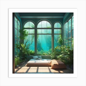 Anime Bedroom Full Of Plants With Giant Window Looking Out Underwater 3 Art Print