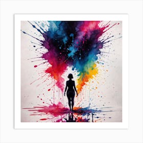 Woman Walking Through Colorful Paint Art Print