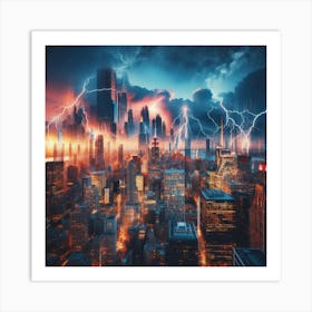 Lightning Over A City Art Print