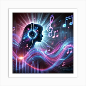 Music Vibes Silhouette Wall Art: A Dreamy and Abstract Scene of a Woman with Headphones Immersed in Soundwaves for Modern Home Decor Print Art Art Print