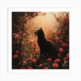 Black Cat in a Floral Sunset Garden 2 Art Print