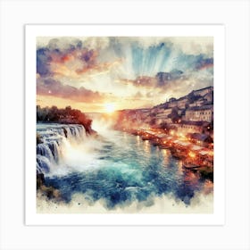 Watercolor Of A Waterfall Art Print