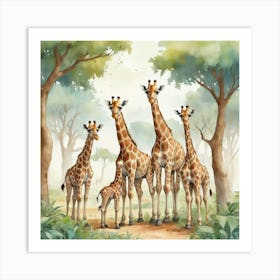 Cute Giraffe Herd Under The Trees Illustration 1 Art Print 3 Art Print