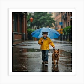 Leonardo Lightning Xl A Kid Walking His Dog In The Rainy Day H 3 Art Print