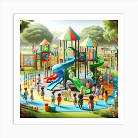 A Colorful And Imaginative Children S Playground With Fewer Children, Emphasizing Space And The Variety Of Interactive Educational Games Art Print