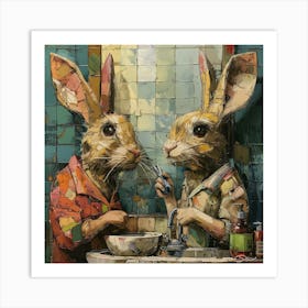 Rabbits Brushing Teeth Art Print