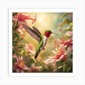 Enchanting Image Of A Ruby Throated Hummingbird Wings Aflutter Drawing Sweet Nectar From An Array Art Print