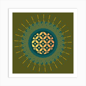 MidMod Boho Abstract Celestial Mandala Geometric in Olive, Gold, and Teal Art Print