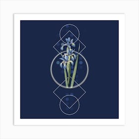 Vintage Blue Iris Botanical with Geometric Line Motif and Dot Pattern n.0011 Art Print