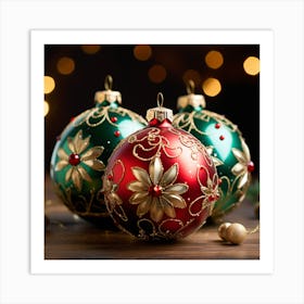 Christmas Ornaments On A Wooden Table Art Print