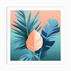 Tropical Leaves, pleasing colors of Peach and Blue, 1291 Art Print