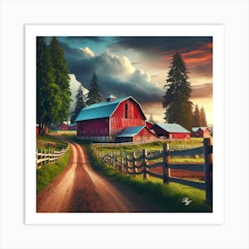 Red Barn On A Dirt Road In The Peaceful Countryside 2 Art Print