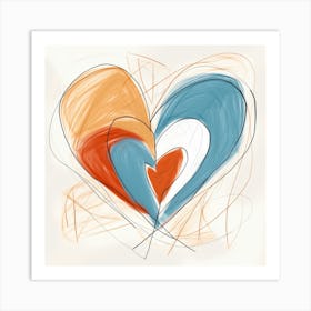 Heart Doodle Sketch Blue & Orange 5 Art Print