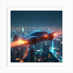 Glowing Futuristic Flying Car With Aerodynamic Wings, Cruising Over City Lights 1 Art Print