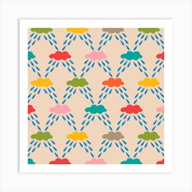 CLOUDBURST Outdoor Weather Rain Drops and Clouds in Bright Rainbow Multi-Colours on Cream Art Print