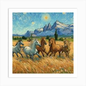 Horses Running Under The Starry Sky Art Print