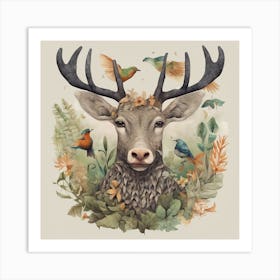 Deer With Birds Art Print