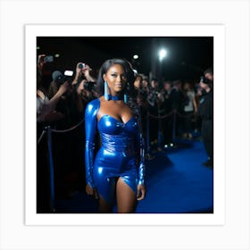 A Sexy Black Woman In A Blue Latex Dress in Distance With Smiling to Crowd A On the Blue Carpet Tall - Created by Midjourney Art Print