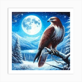 Oil Texture Winter Hawk In The Moonlight 3 Art Print