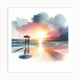 Couple Walking On The Beach At Sunset Art Print