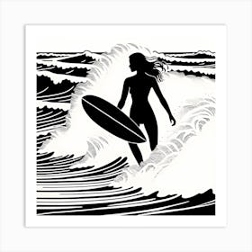 Linocut Black And White Surfer Girl On A Wave art, surfing art, 251 Art Print