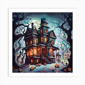 The Image Depicts A Scene Filled With The Ambiance Of Halloween Showcasing Winter Trees Adorned Wit Art Print