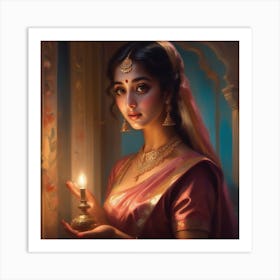 Indian Woman Holding A Candle Art Print