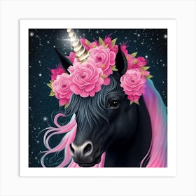 Black Unicorn With Pink Flowers Art Print