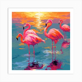 Flamingos At Sunset Art Print