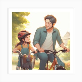 Father And Daughter Riding Bicycle 🚲  Art Print