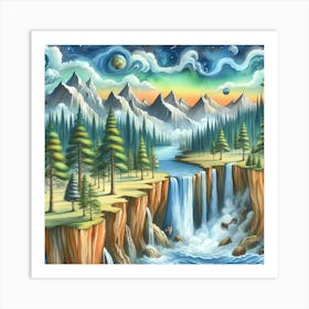 Pine Tree Valley Waterfall (Mystic Surrealism) Style A Art Print