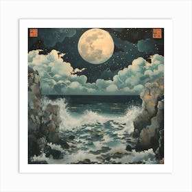 Japanese Moon Over The Ocean Art Print