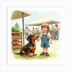 Watercolor Of A Dachshund And Child At A Farmer’S Market 1 Art Print