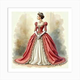 Graceful Watercolor Of Queen Elizabeth I, Lavish Gown, Regal Setting 1 Art Print