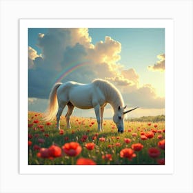 A Magical Unicorn Grazing In A Meadow Of Glowing Poppies, Under A Rainbow Filled Sky Art Print