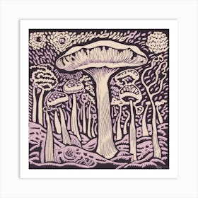 Mushroom Woodcut Purple 10 Art Print