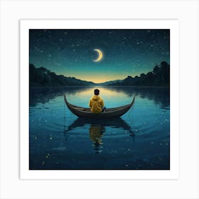 Man In A Boat At Night Art Print