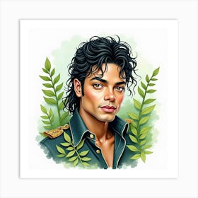 Watercolor Depiction Of Michael Jackson With Lush Greenery 1 Art Print