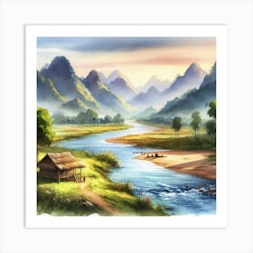 Watercolor Of A River Art Print