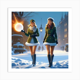 Two Girls Holding A Snowball Art Print