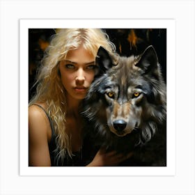 Watercolor Beautiful Blond Woman Sitting With Jet Black Wolf With Yellow Eyes Art Print